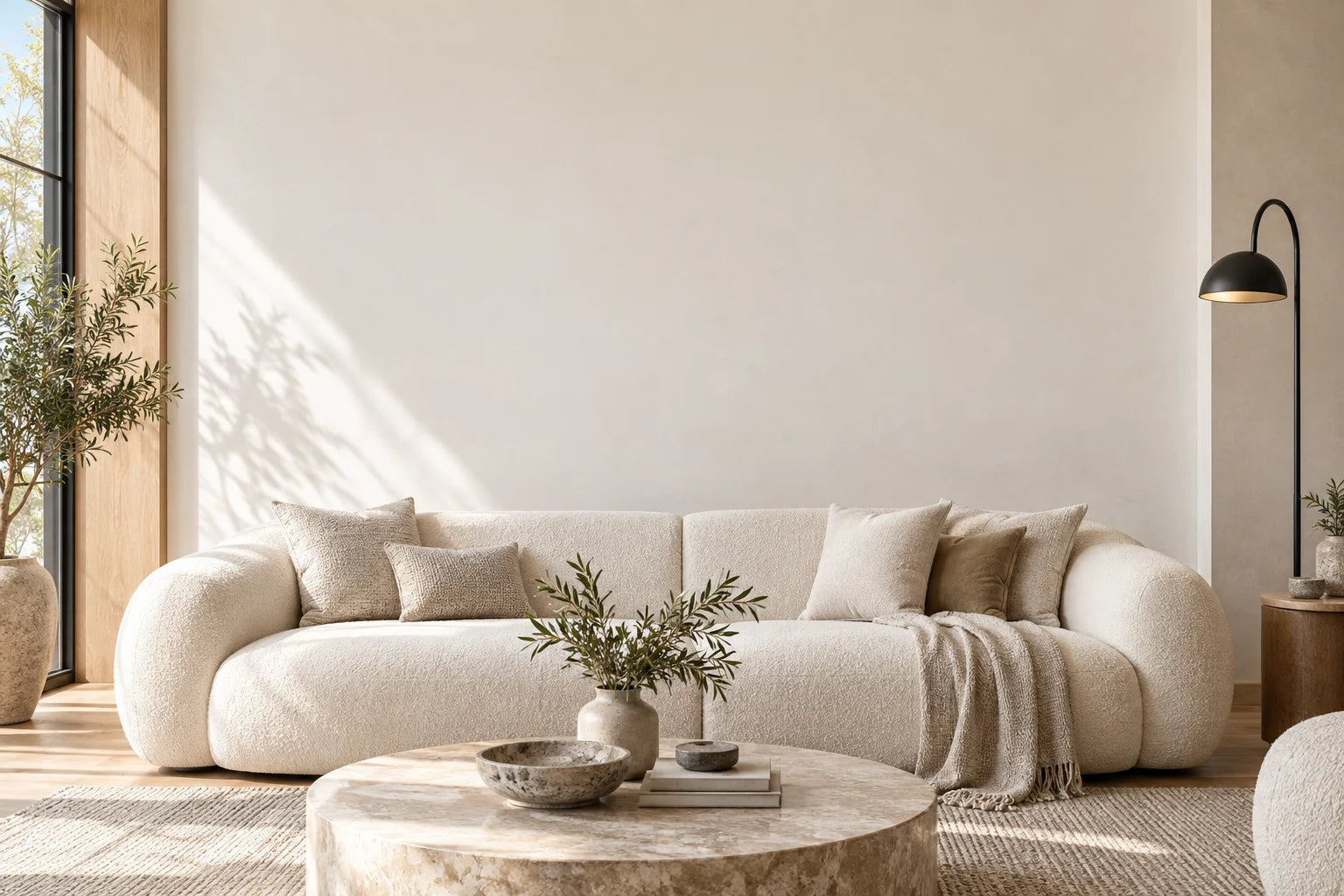 A light-filled living room with a cream sofa