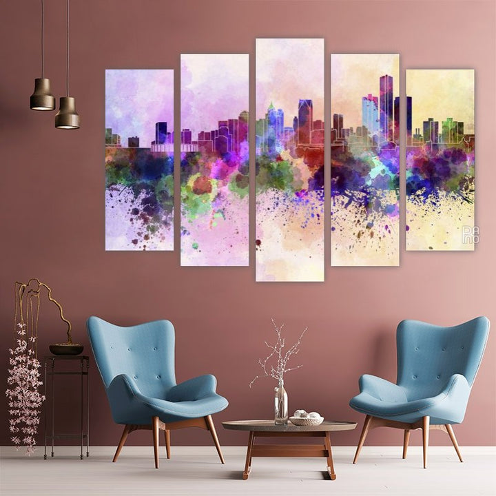 Detroit painted with watercolors – five-piece modular wall art