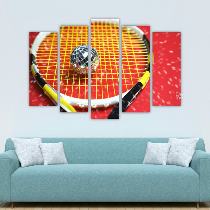 Disco Ball on a Tennis Racket – five-piece modular wall art