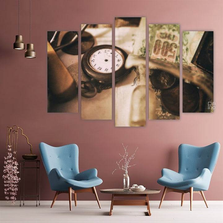 Various antique items – five-piece modular wall art