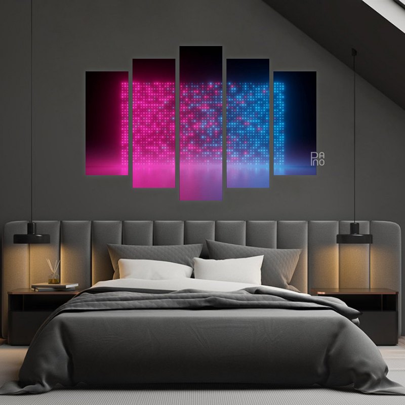 Glowing neon dots – five-piece modular wall art