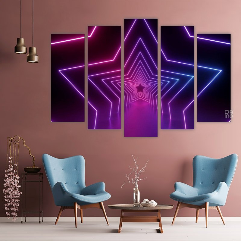 Painting of a neon star shape – five-piece modular wall art