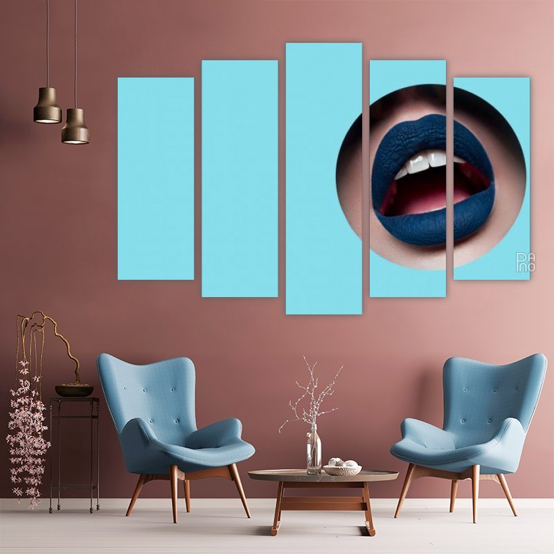 Blue lips in a circle – five-piece modular wall art