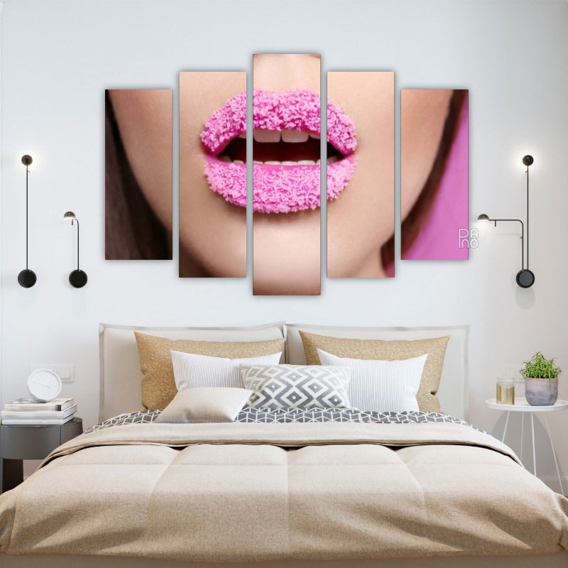 Lips with pink sugar – five-piece modular wall art