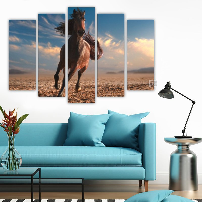 Running horse with long mane – five-piece modular wall art