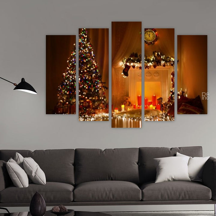 Christmas tree and fireplace – five-piece modular wall art