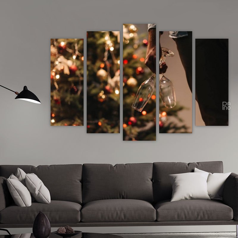 Champagne and Christmas Tree – five-piece modular wall art