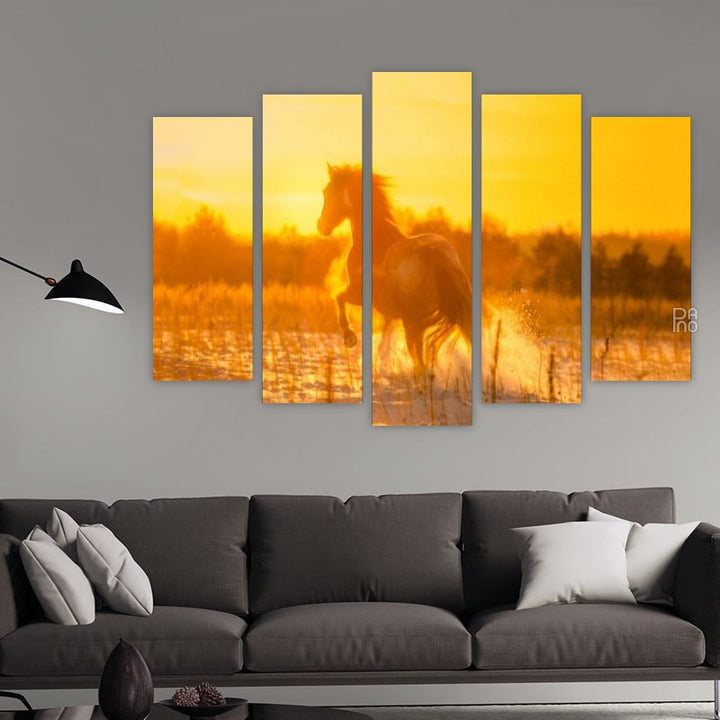 Horse on Snow at Sunset – five-piece modular wall art