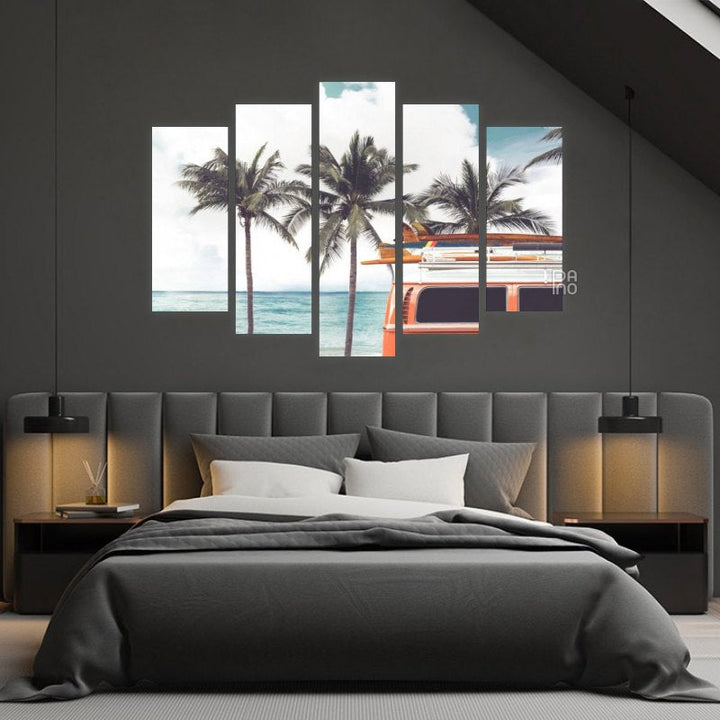 Car Parked on the Tropical Beach – five-piece modular wall art