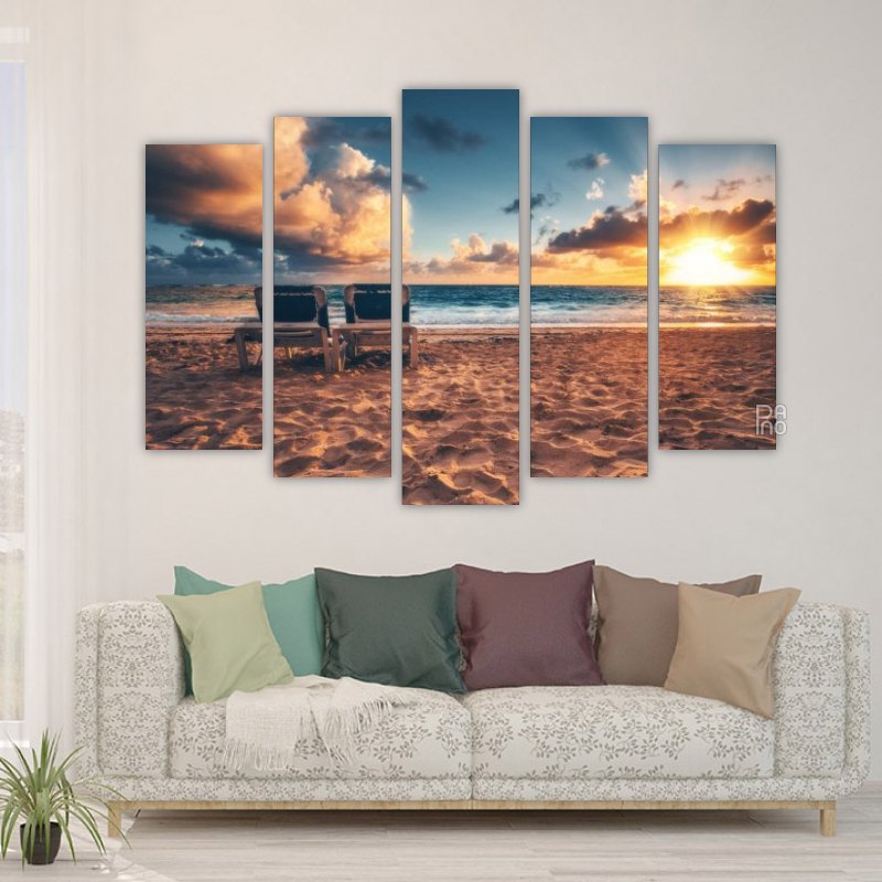Tropical Beach and Beautiful Sunrise – five-piece modular wall art