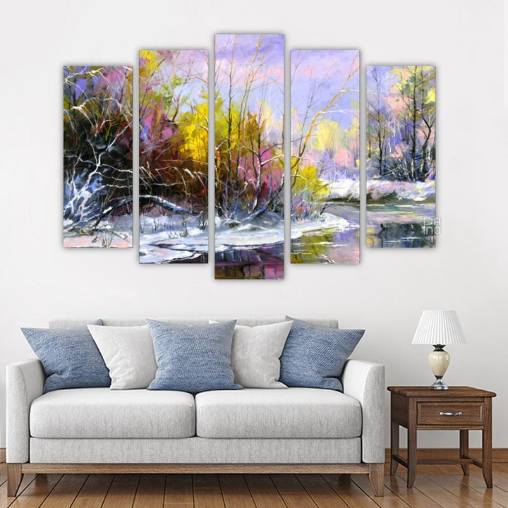 Winter landscape illustration – five-piece modular wall art