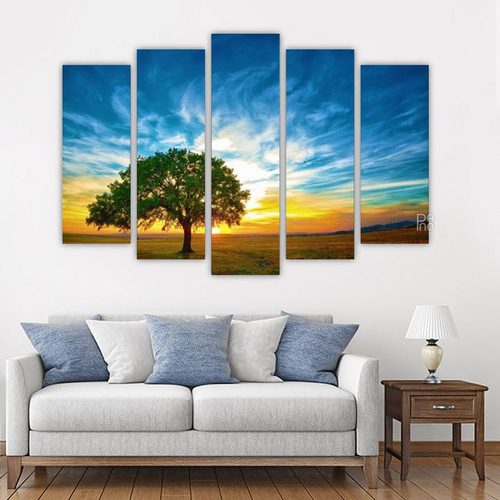 Oak tree and beautiful sunset – five-piece modular wall art