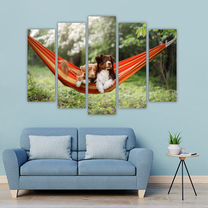 Dogs Lying in a Hammock – five-piece modular wall art