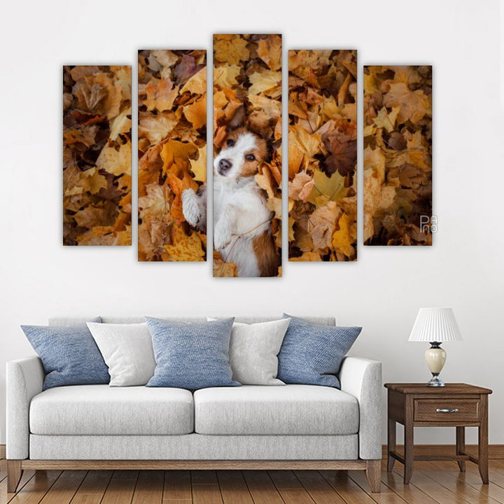 Dog in Autumn Leaves – five-piece modular wall art