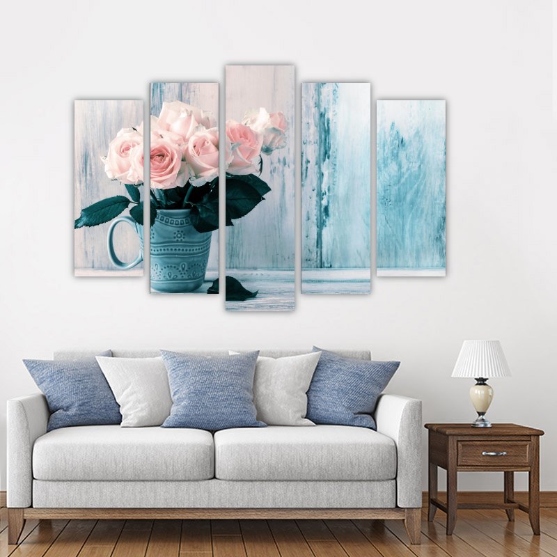 Pink roses in a vase – five-piece modular wall art