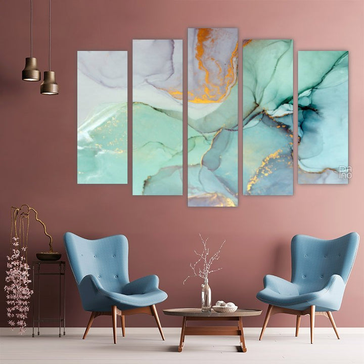 Blue-green marble – five-piece modular wall art