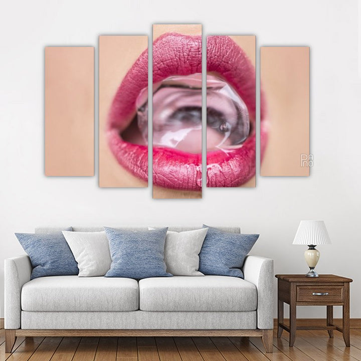 Mouth with ice cube – five-piece modular wall art