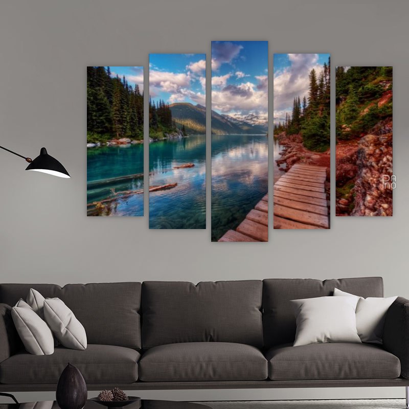 Wooden Path by Mountain Lake – five-piece modular wall art
