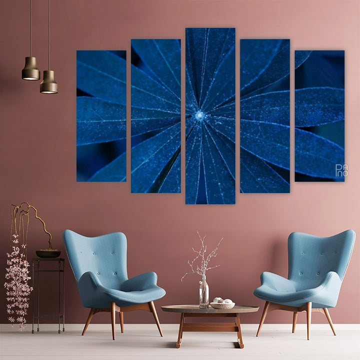 Blue leaves up close – five-piece modular wall art