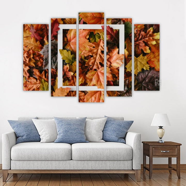 Autumn leaves and square frame – five-piece modular wall art