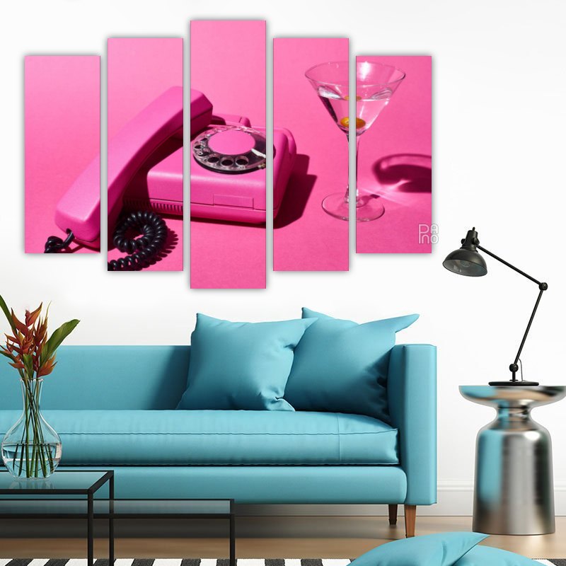 Retro pink phone – five-piece modular wall art