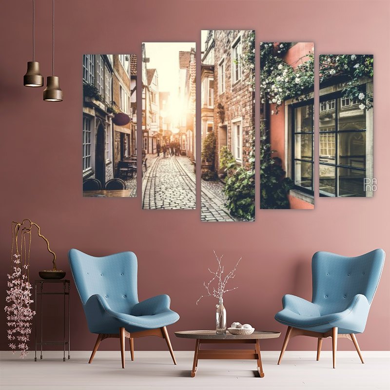 Old European city at sunset – five-piece modular wall art