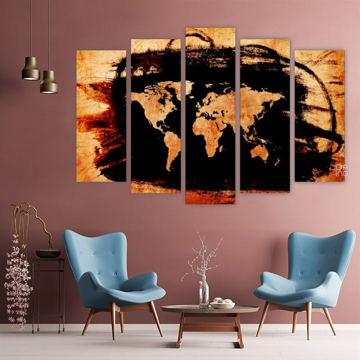 World map on old paper – five-piece modular wall art