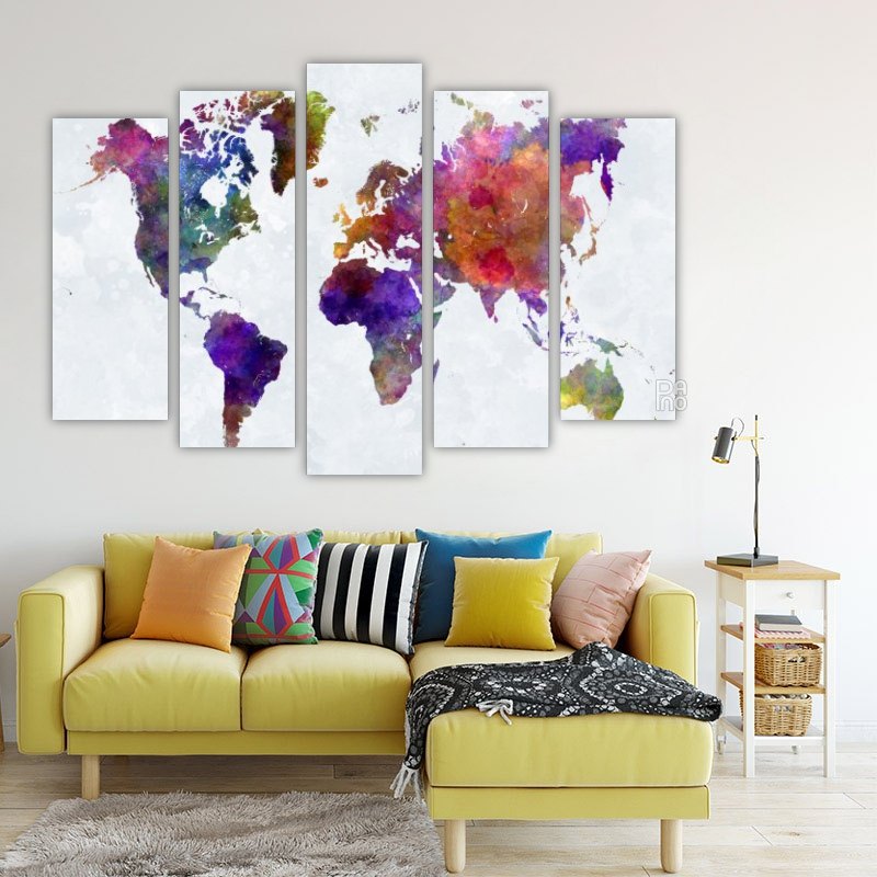 Watercolor world map – five-piece modular wall art
