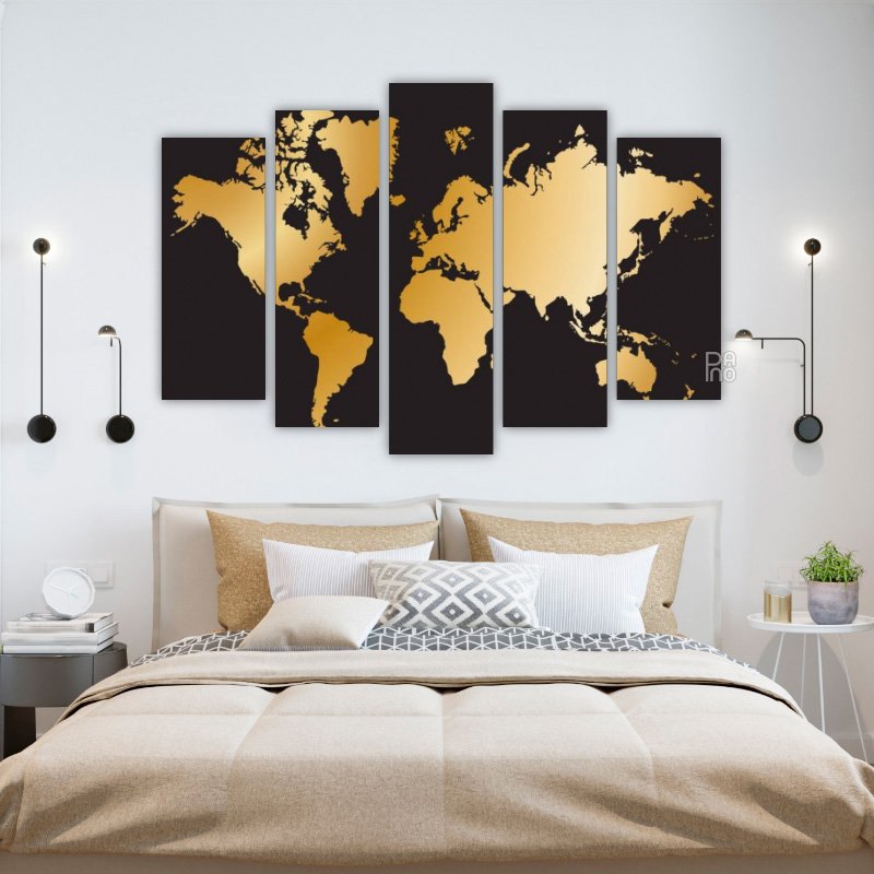 Golden World Map – five-piece modular wall art