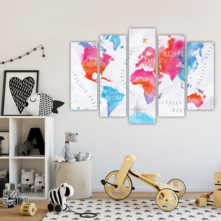 Watercolor World Map – five-piece modular wall art