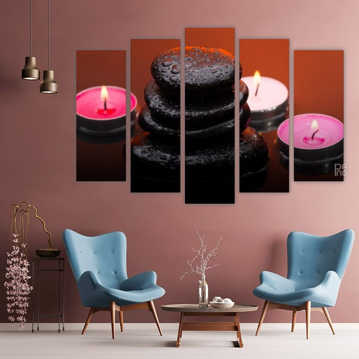 Massage Stones and Burning Candles – five-piece modular wall art
