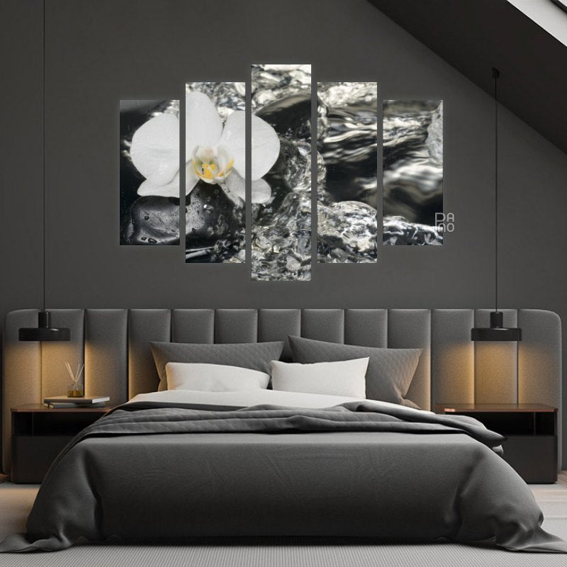 White Orchid and Stones – five-piece modular wall art