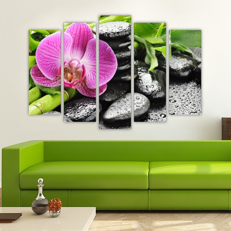 Pink Orchid with Bamboo – five-piece modular wall art