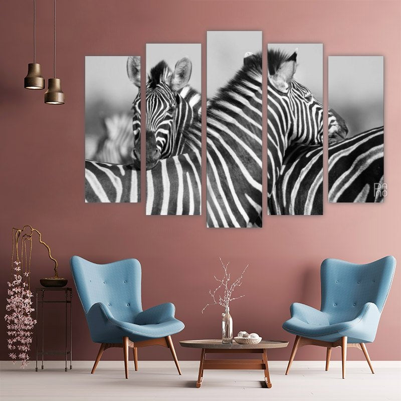 Herd of zebras in black and white photo – five-piece modular wall art