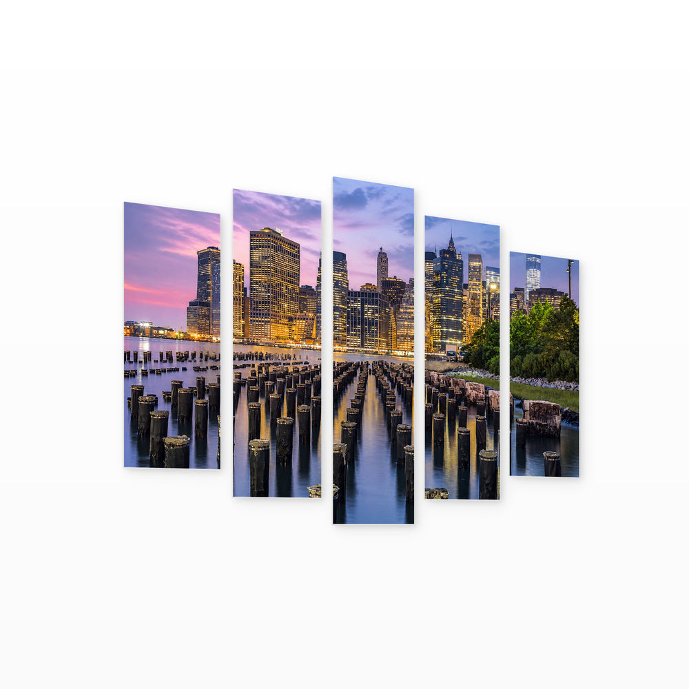 Manhattan Waterfront at Dusk — five-panel wall art on white background in perspective | 5wallart 51010 M1