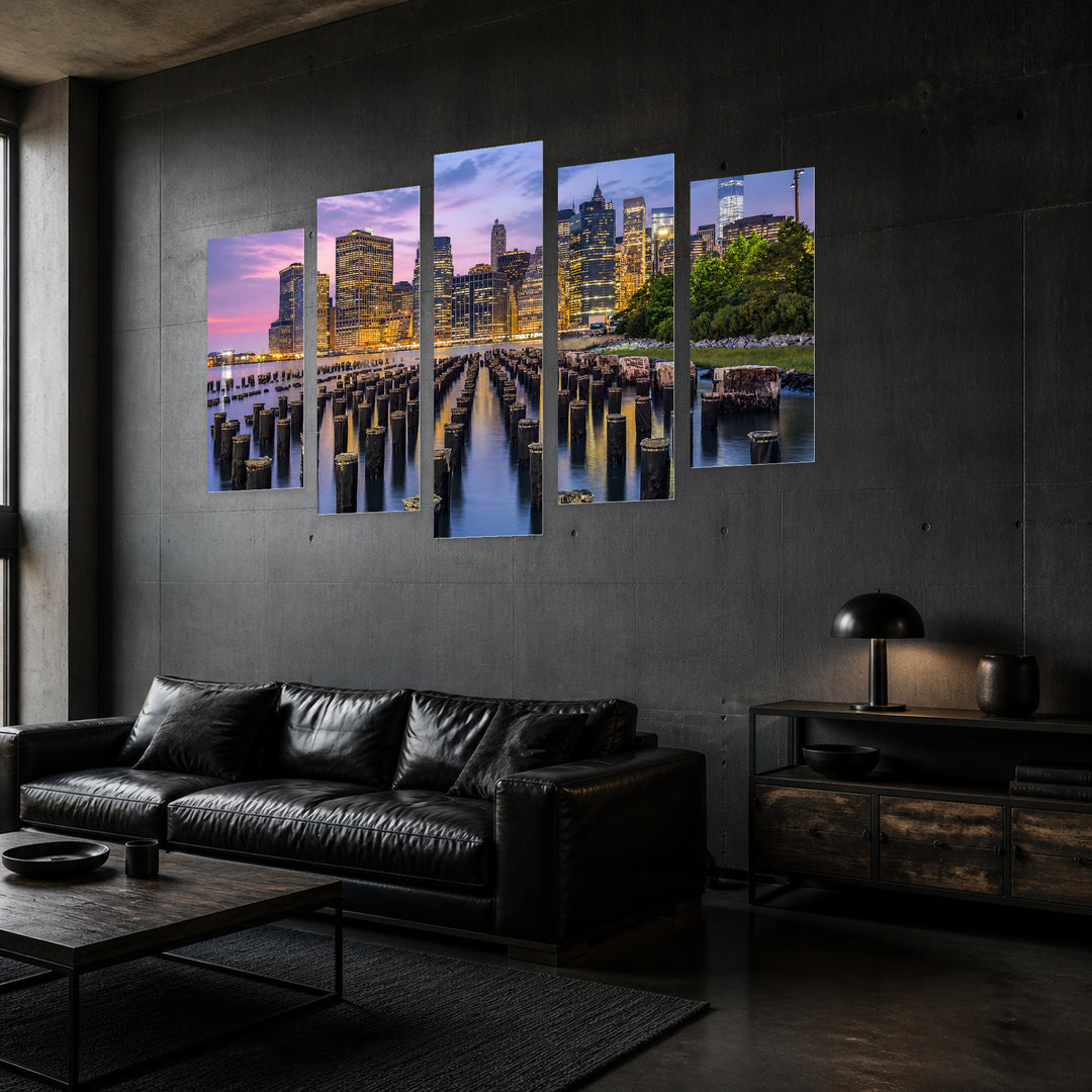 Manhattan Waterfront at Dusk — five-panel wall art in perspective interior | 5wallart 51010 M2