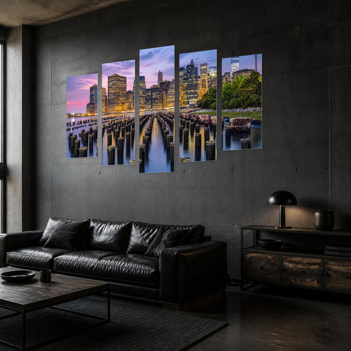 Manhattan Waterfront at Dusk — five-panel wall art in perspective interior | 5wallart 51010 M2