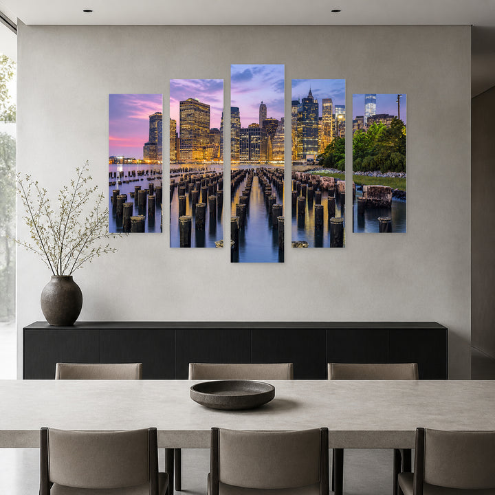 Manhattan Waterfront at Dusk — five-panel wall art in frontal interior | 5wallart 51010 M3
