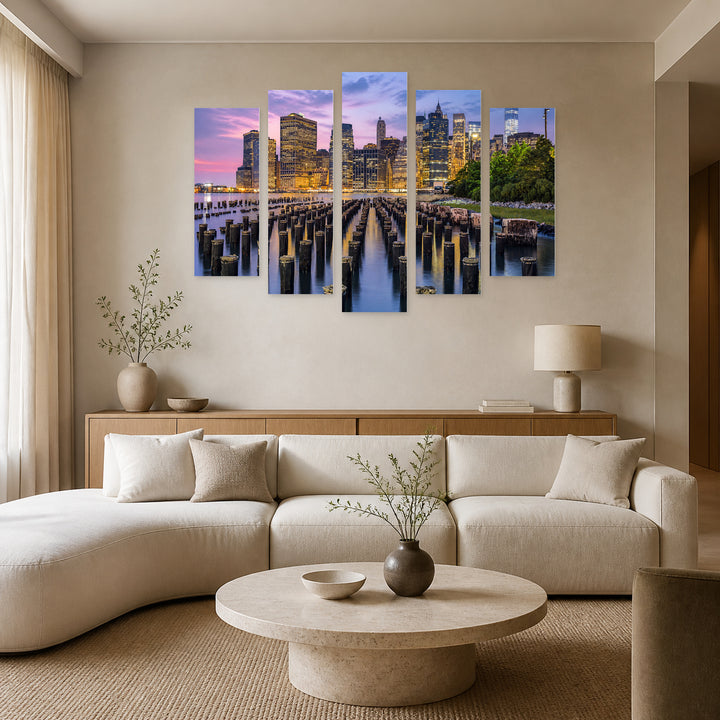 Manhattan Waterfront at Dusk — five-panel wall art in alternate frontal interior | 5wallart 51010 M4