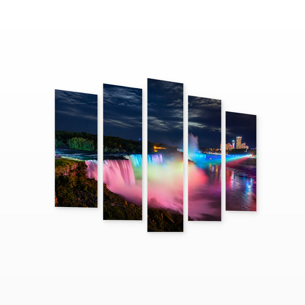 Niagara Falls Illuminated at Night — five-panel wall art on white background in perspective | 5wallart 51015 M1