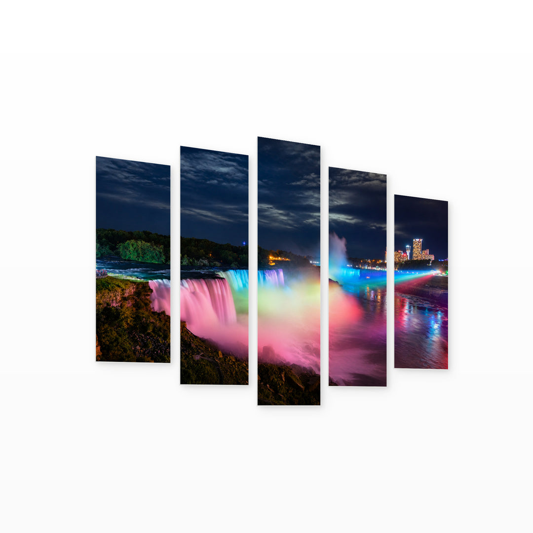 Niagara Falls Illuminated at Night — five-panel wall art on white background in perspective | 5wallart 51015 M1