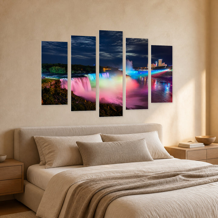 Niagara Falls Illuminated at Night — five-panel wall art in perspective interior | 5wallart 51015 M2