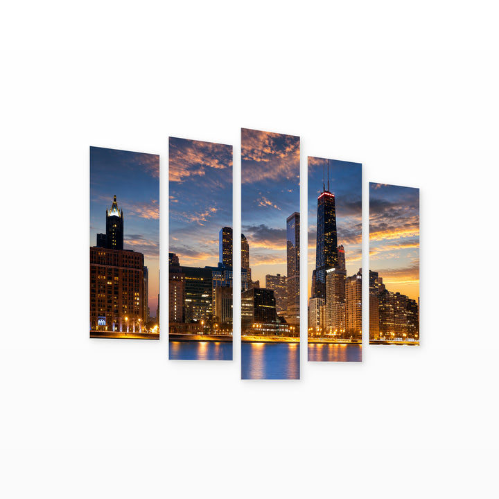 Chicago Skyline in Blue and Gold — five-panel wall art on white background in perspective | 5wallart 51016 M1