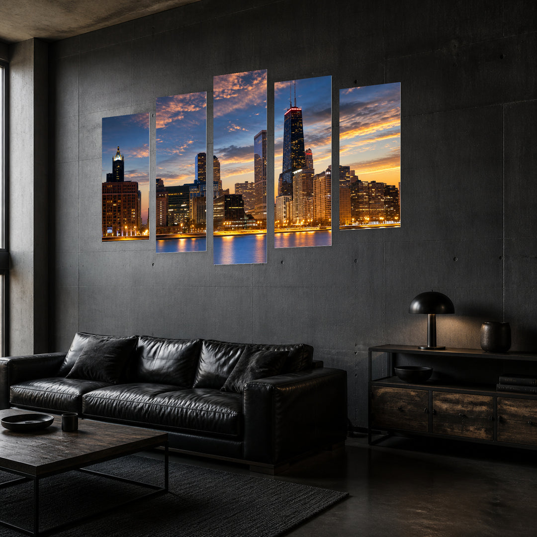 Chicago Skyline in Blue and Gold — five-panel wall art in perspective interior | 5wallart 51016 M2
