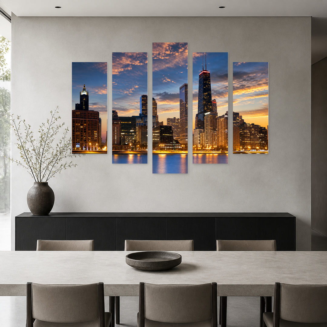 Chicago Skyline in Blue and Gold — five-panel wall art in frontal interior | 5wallart 51016 M3
