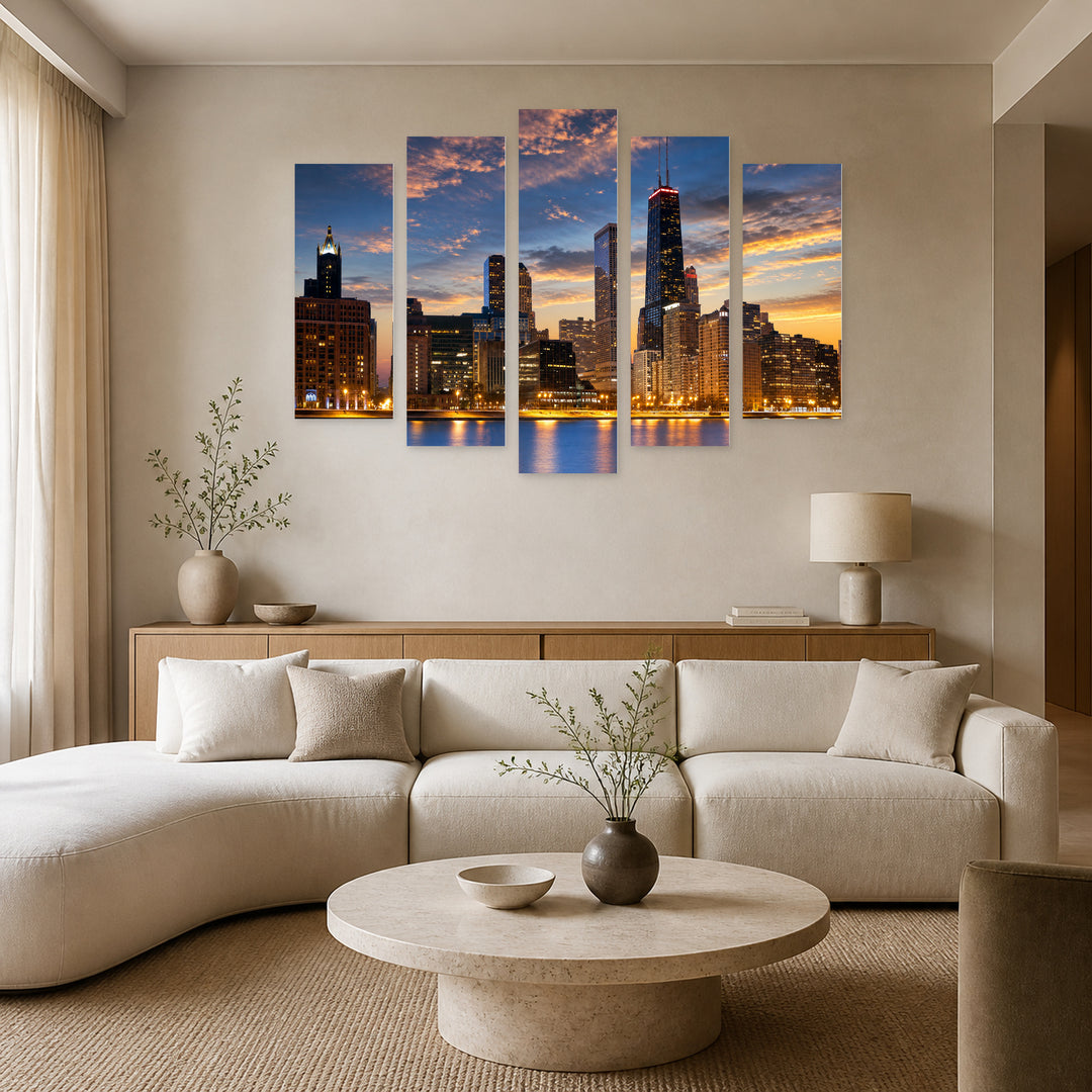 Chicago Skyline in Blue and Gold — five-panel wall art in alternate frontal interior | 5wallart 51016 M4