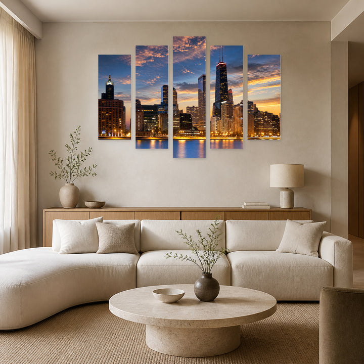 Chicago Skyline in Blue and Gold — five-panel wall art in alternate frontal interior | 5wallart 51016 M4