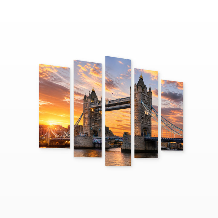 Golden Sunset over London Bridge — five-panel wall art on white background in perspective | 5wallart 51023 M1