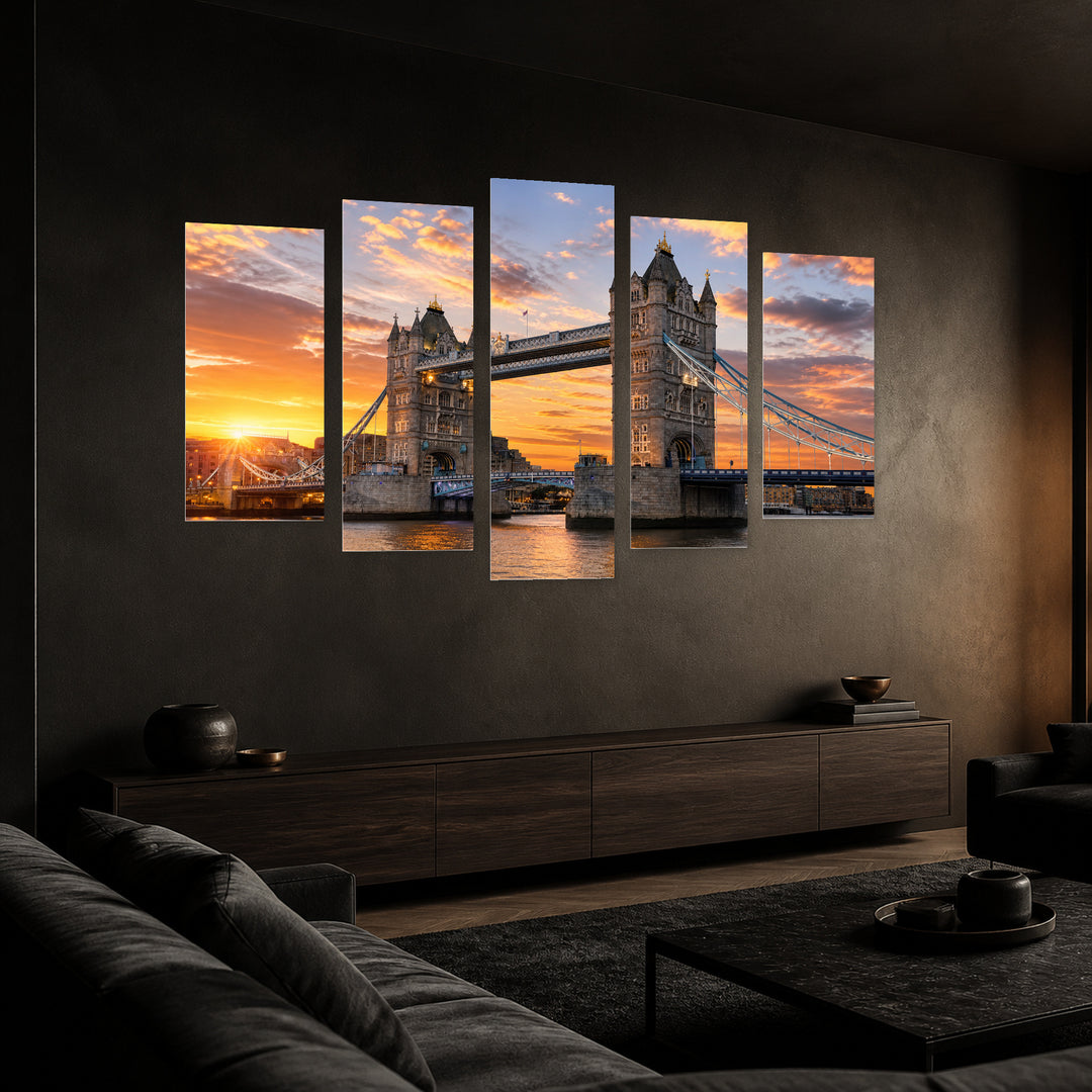 Golden Sunset over London Bridge — five-panel wall art in perspective interior | 5wallart 51023 M2
