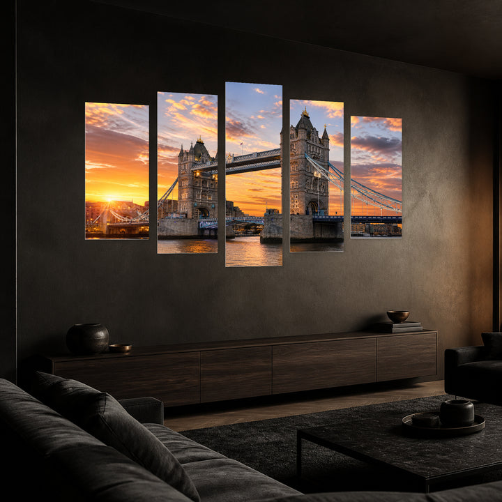 Golden Sunset over London Bridge — five-panel wall art in perspective interior | 5wallart 51023 M2